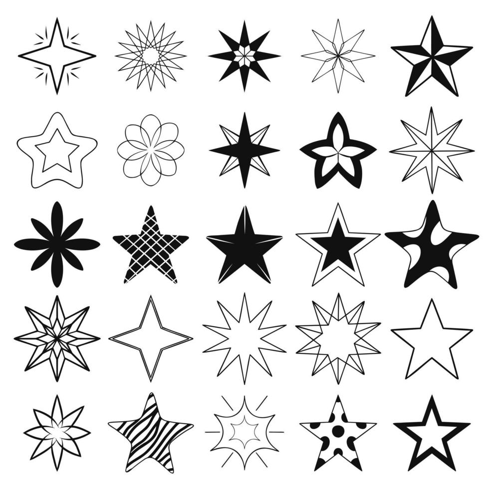 Set of black hand drawn vector stars in doodle style on white background.