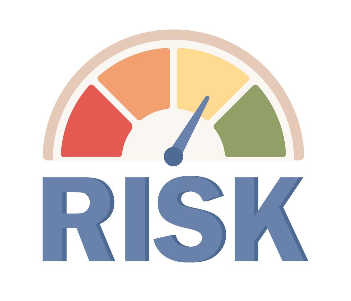 Risk icon on speedometer. Risk management, assessment and control. Risk meter. Business and investment concept. Vector flat illustration