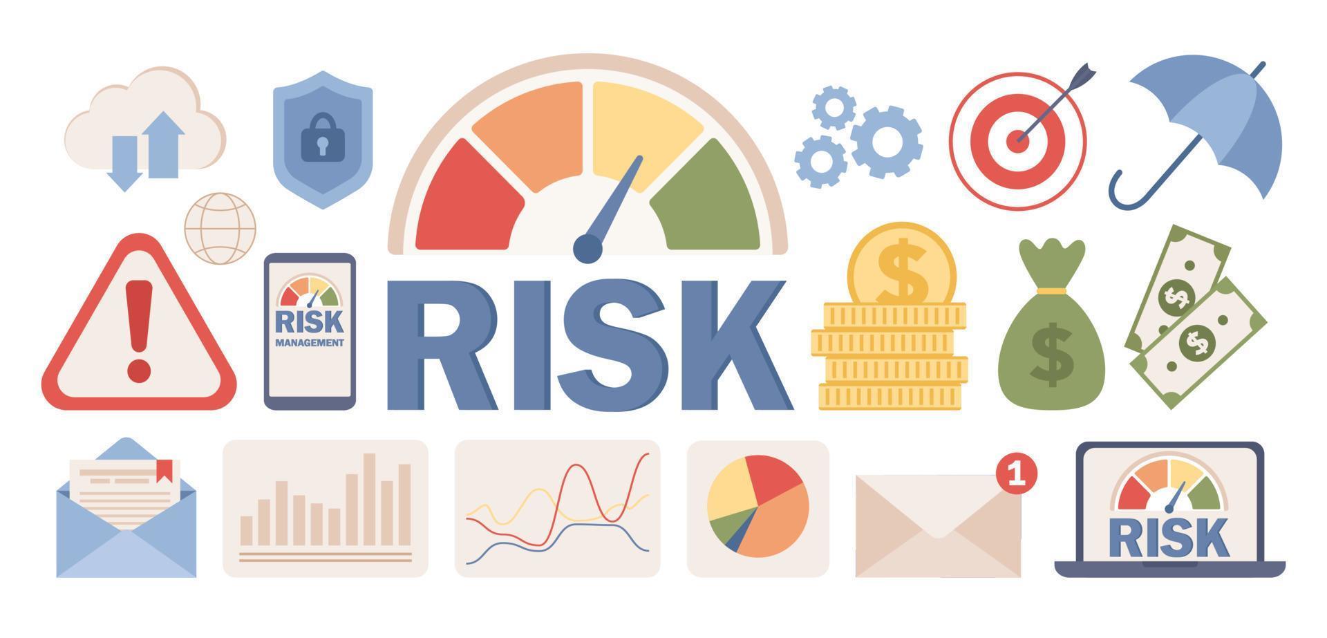 riesgo administración icono colocar. riesgo velocímetro, evaluación y control. riesgo metro. negocio y inversión concepto. vector plano ilustración