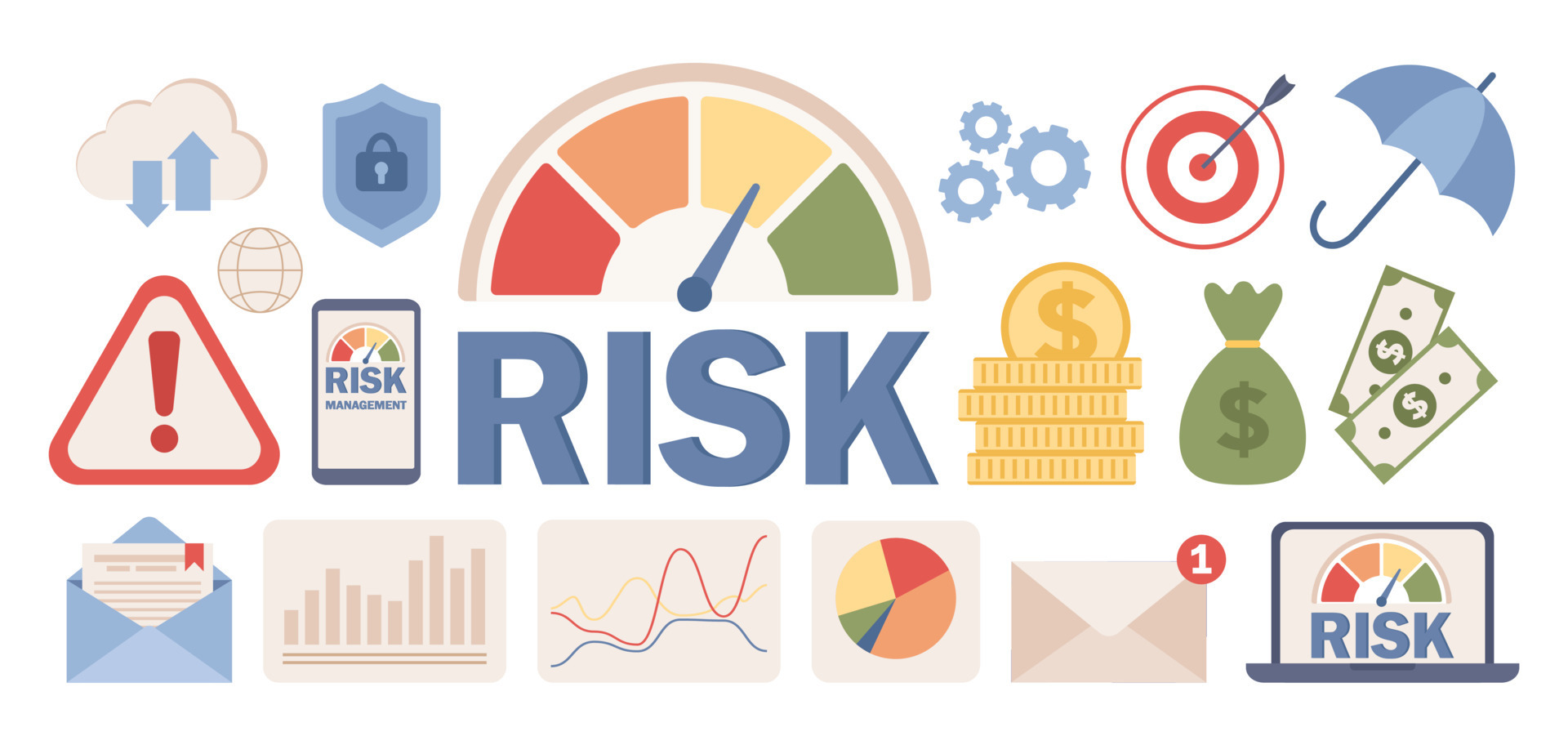 Risk management icon set. Risk speedometer, assessment and control