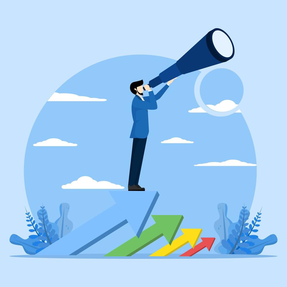 New business, start-up. Strategy for success, achievement. Business development plan for improvement, Successful entrepreneur standing on arrows and looking for new opportunities with telescope. vector