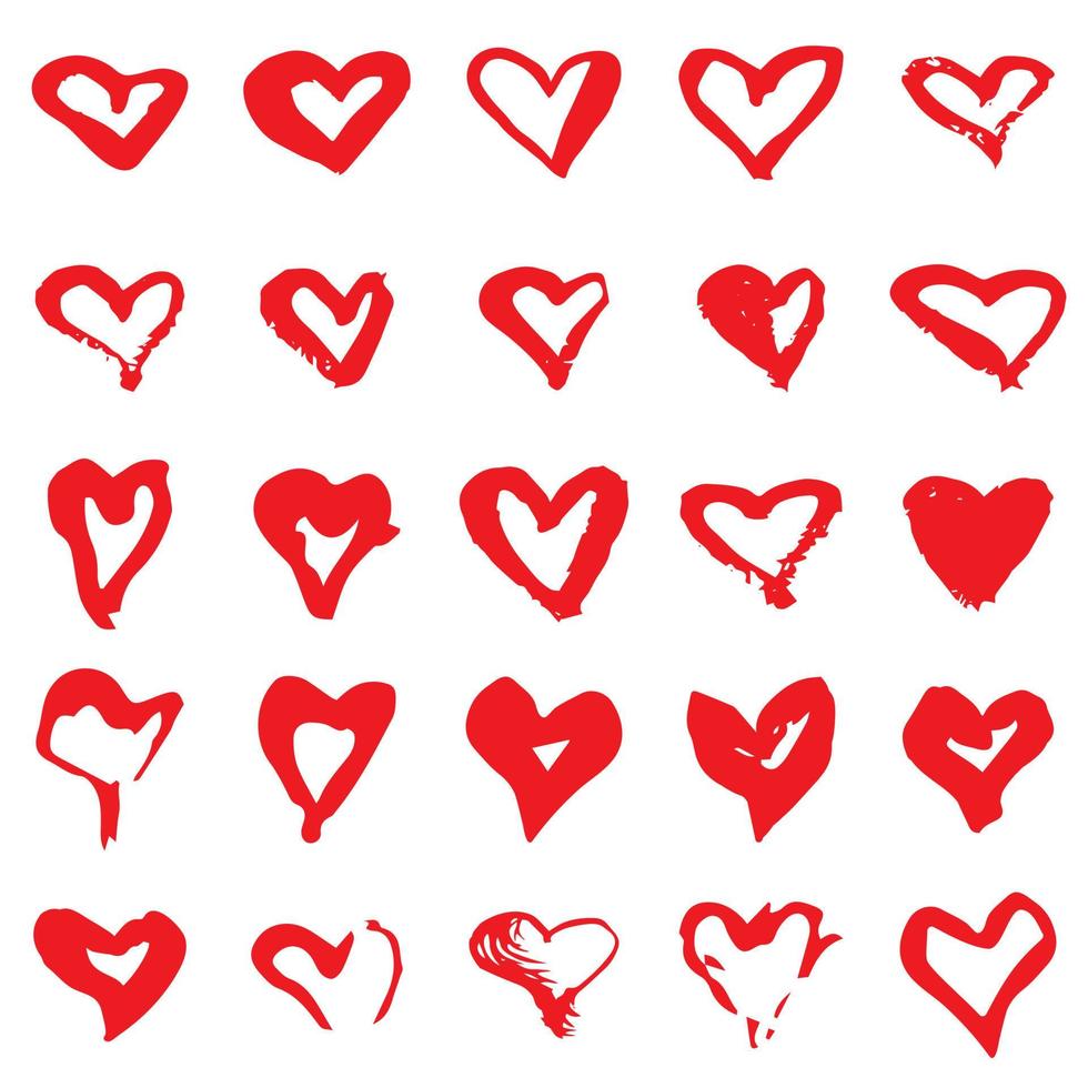 Set of red grunge hearts, Vector heart shapes.