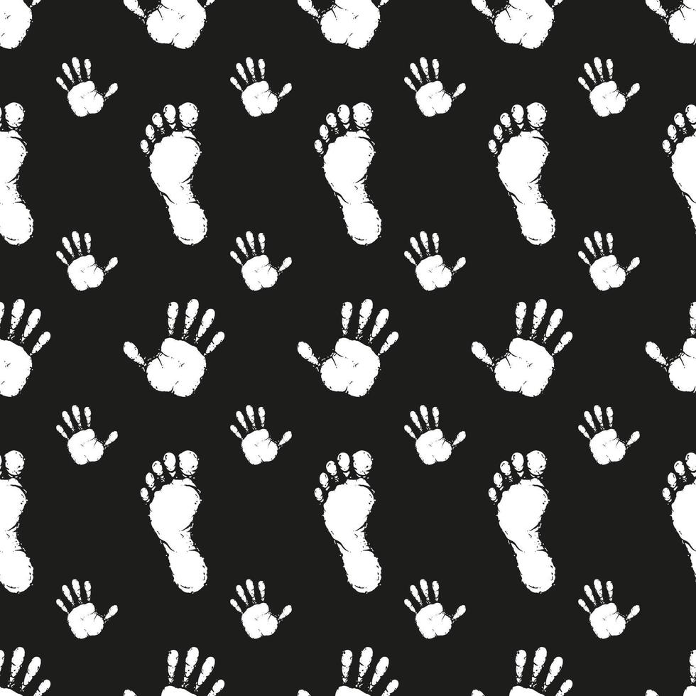 Pattern black prints of palms and feet on a black background. vector