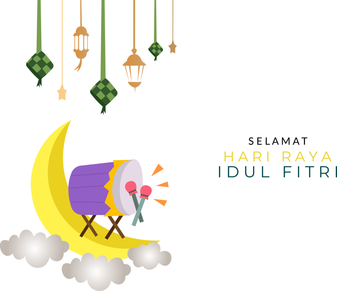 happy eid al fitr greeting card with crescent moon, percussion, lantern and star decorations png