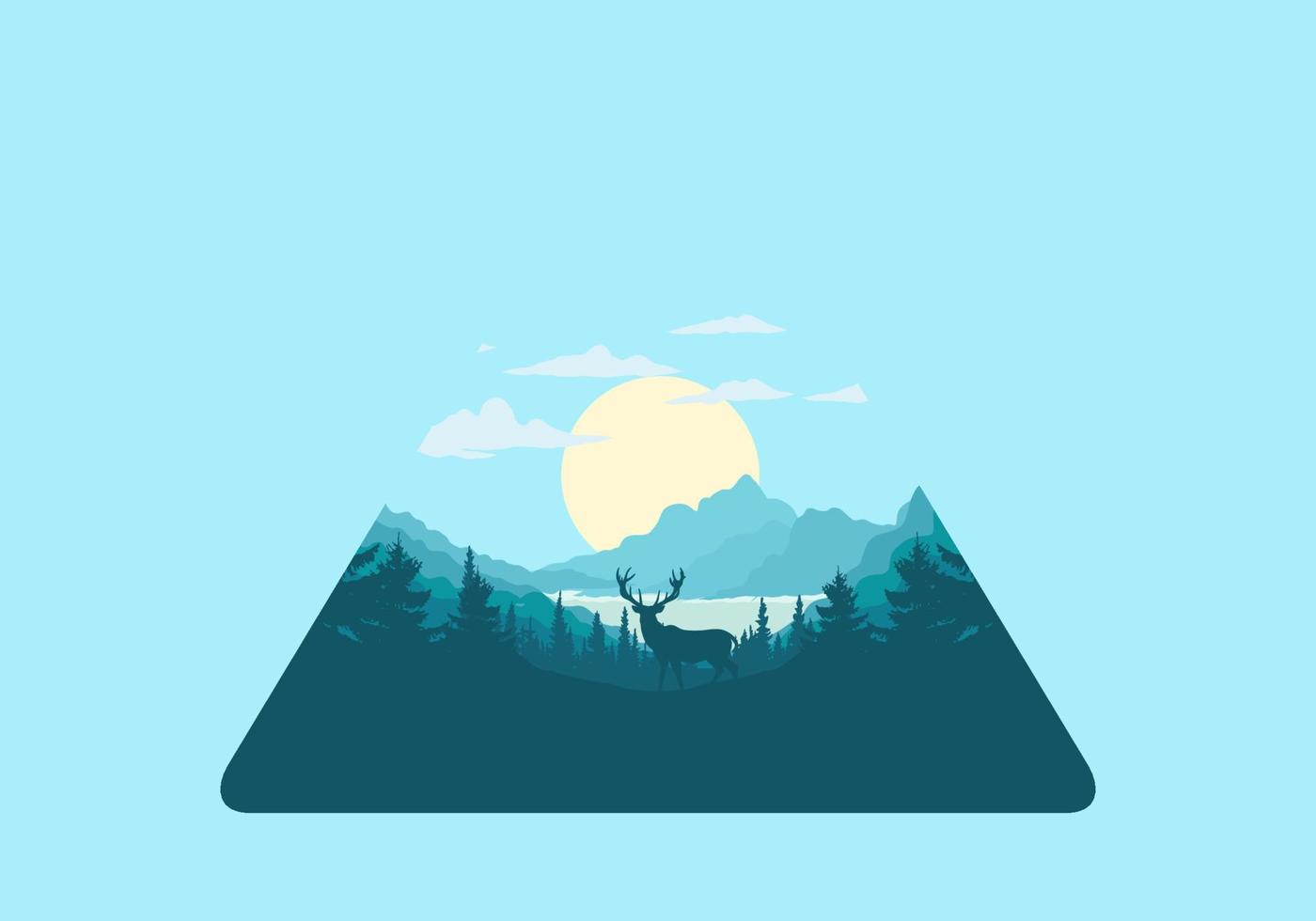 Landscape art illustration of lake and pine forests vector