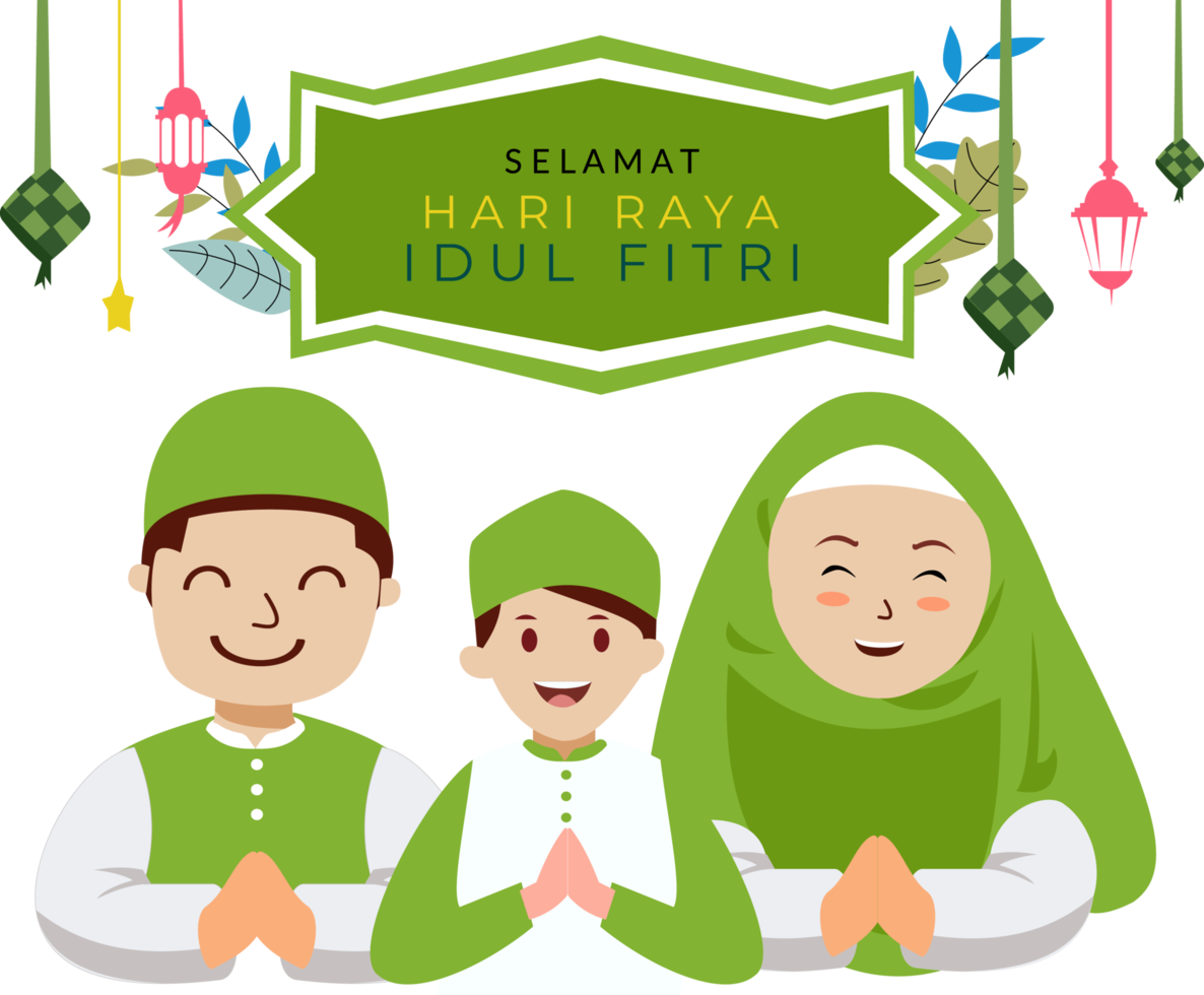 eid mubarak greeting card with hand drawn family cartoon characters png
