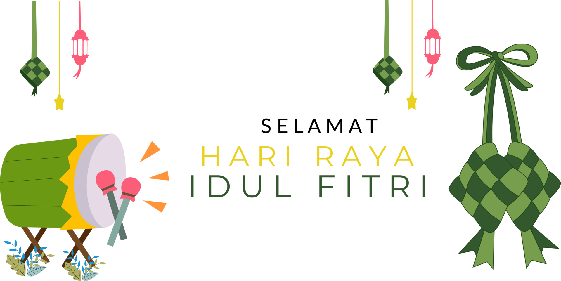 eid Mubarak antecedentes con eid ketupat íconos y percusión instrumentos png