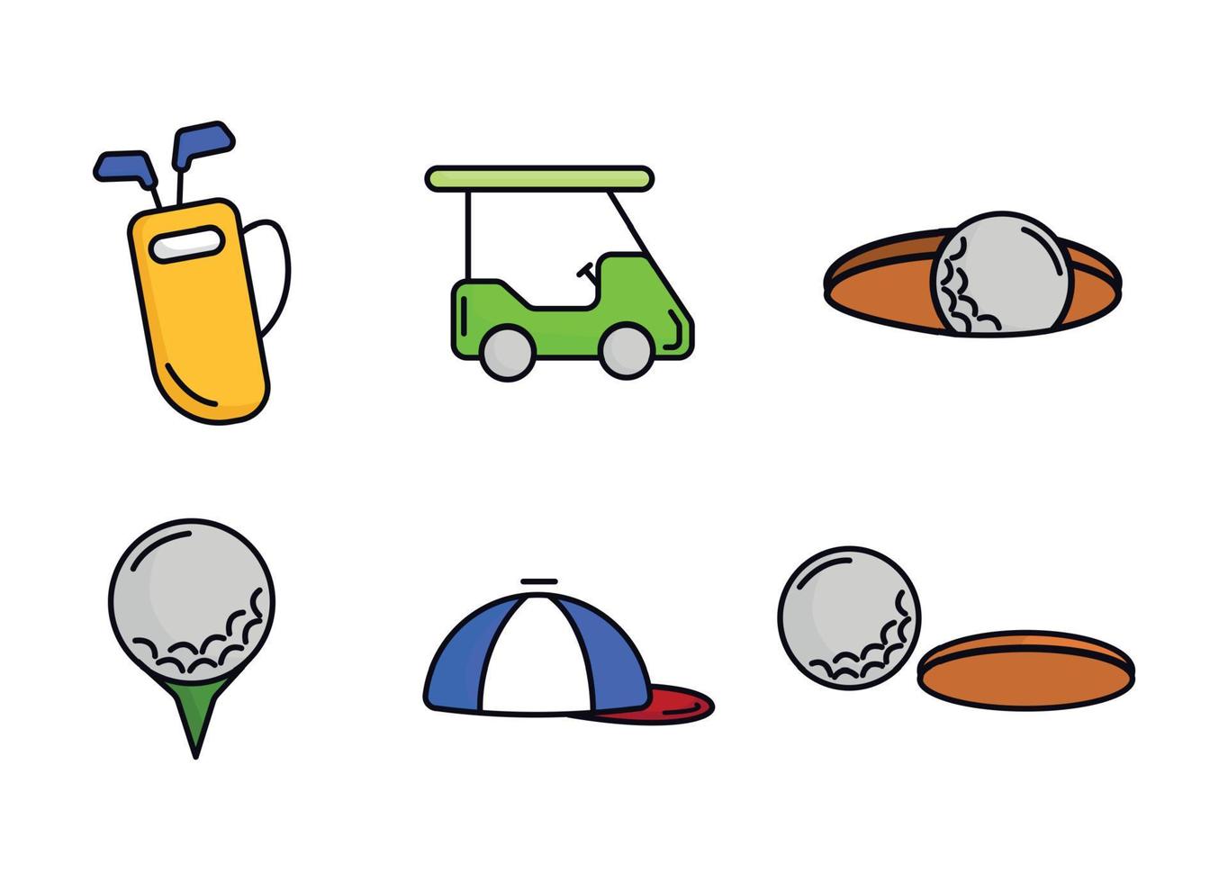 Golf colored icons set. Golf bag with clubs. A ball near the hole. Golf ball on a stand. vector