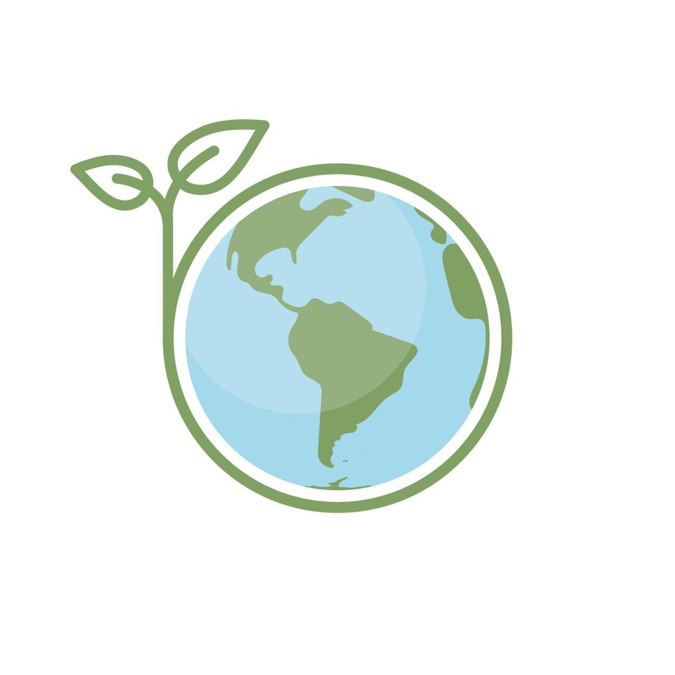 Save earth. Global ecology icon. Planet with green plant leaves growing illustration. vector