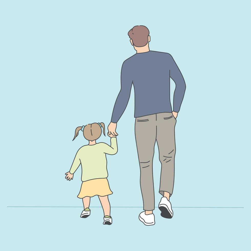 Father walking with a child hand in hand. Dad and daughter. Fathers Day theme. Vector art