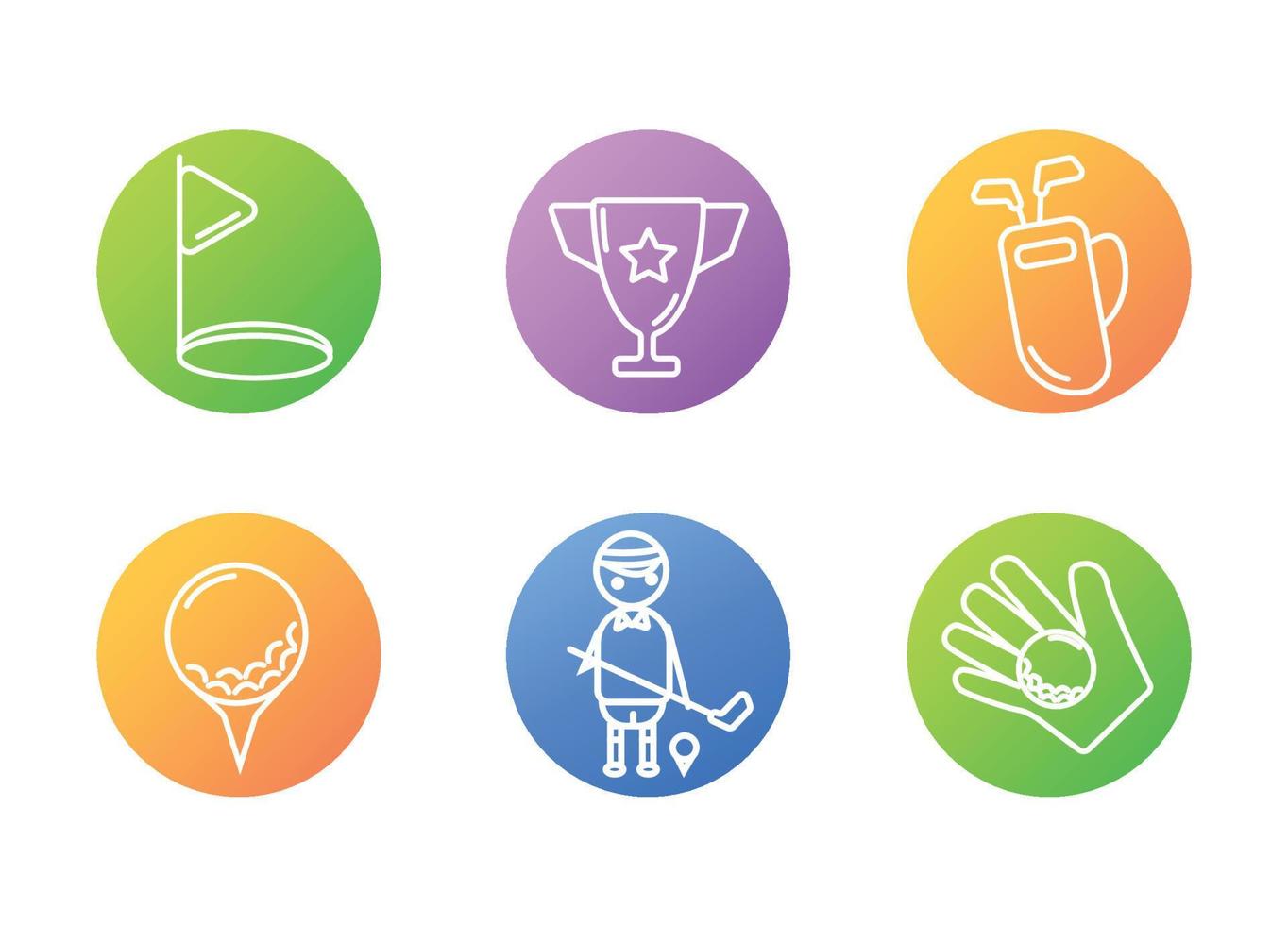 Golf colored icons set. Flagpole near the hole. The ball on the glove. Golf bag with clubs. A golfer holds a club near the ball on a stand. vector