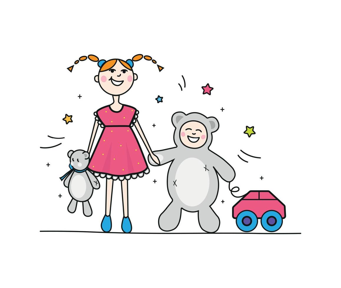 niña con coletas un niño con un suave oso y un coche. vector ilustración.