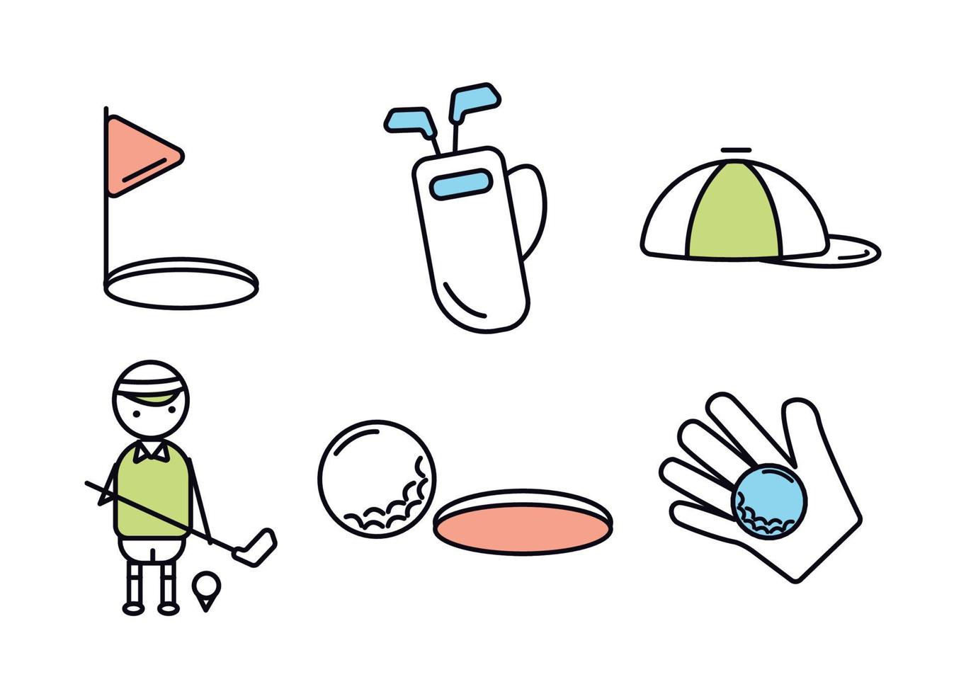 Golf icons. Golf badges. Golf icons set. The ball near the hole. Flagstaff near the hole. A bag of clubs. Cap. Golf ball on the glove. A golfer with a stick near the ball on a stand. vector