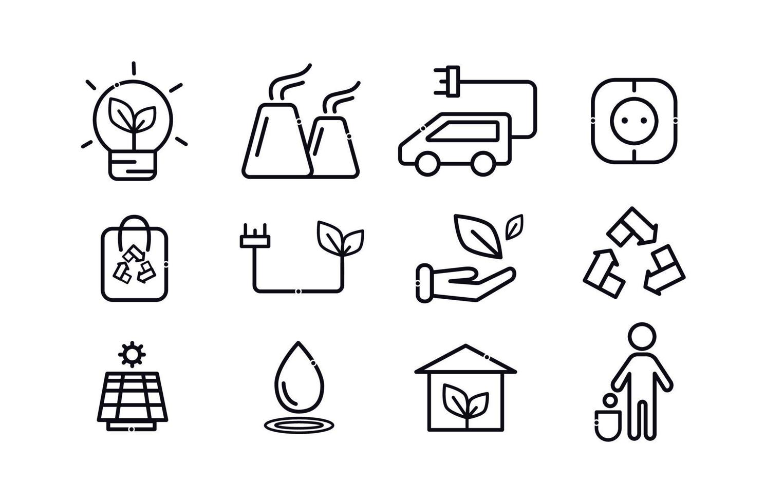 A set of ecology icons. Save nature, use solar panels, recycle, travel on eco-cars. vector