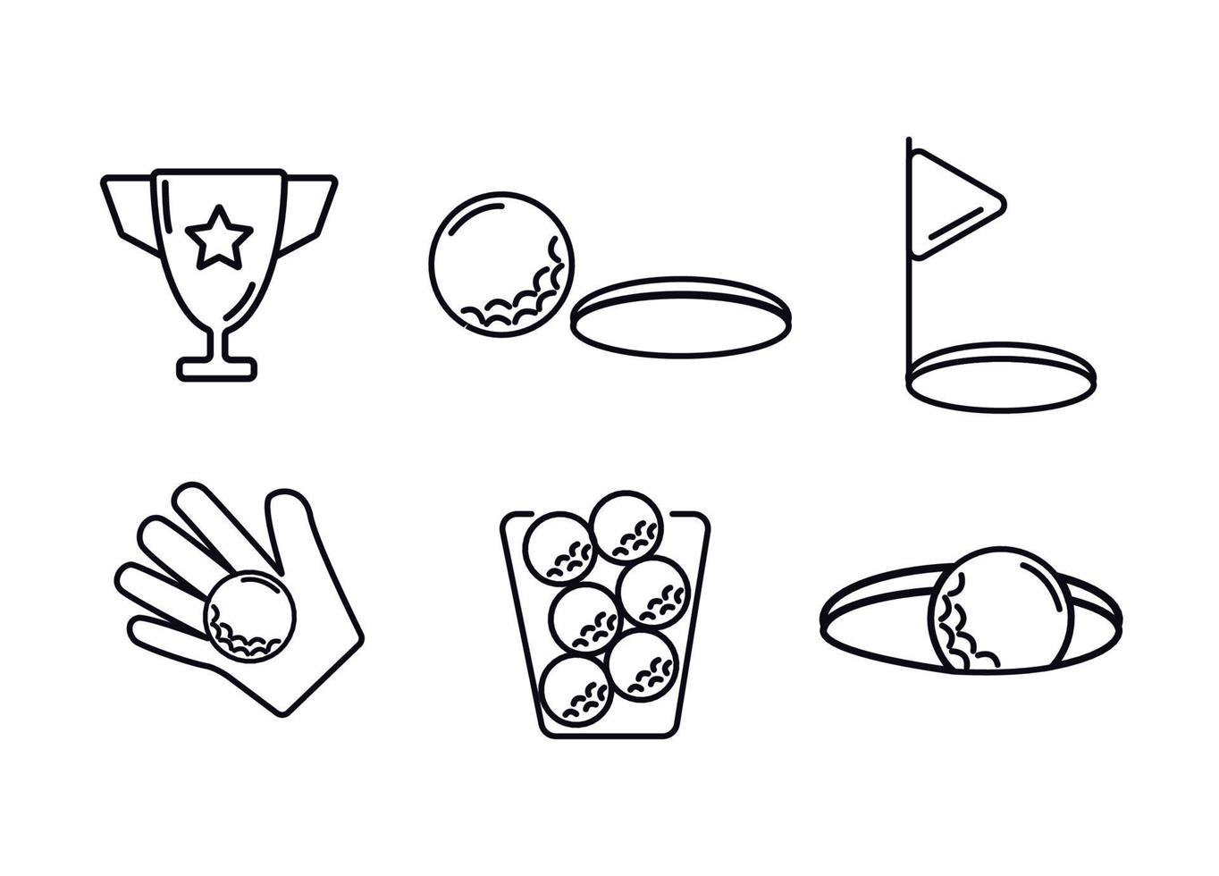 Golf icons. Golf badges. Golf icons set black and white. Flagpole near the hole. The ball near the hole. Cup. Trophy. The ball on the glove. Basket with balls. The ball in the hole vector