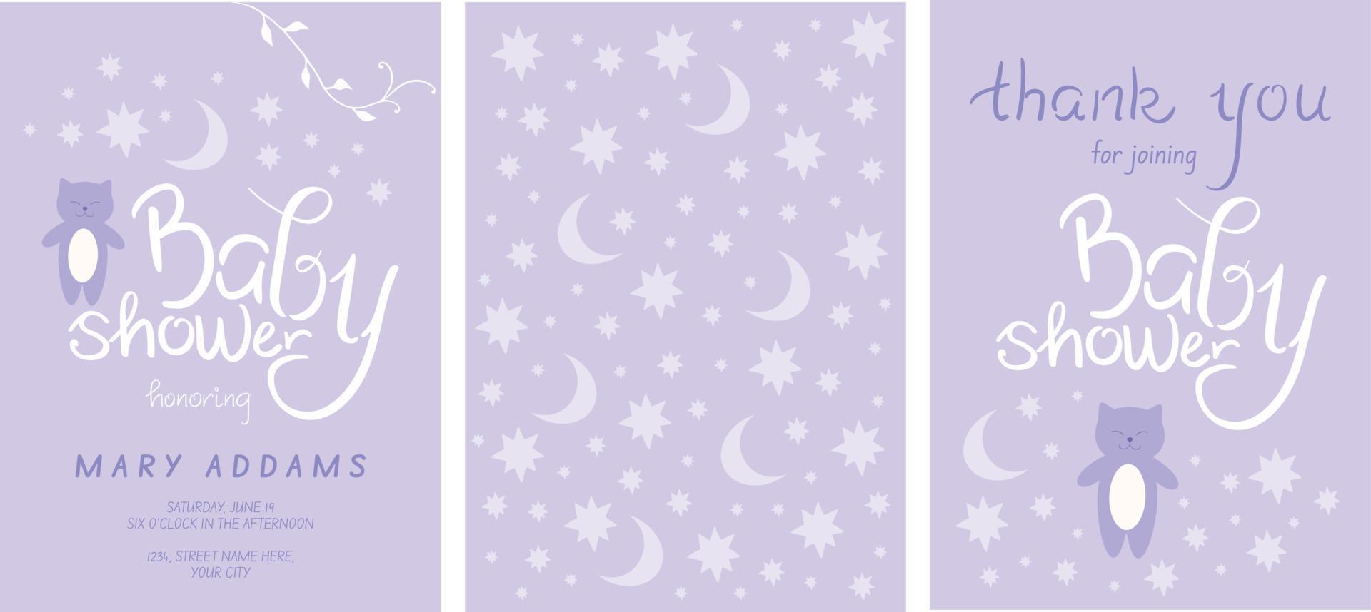 Baby shower invitation templates set. Honoring mommy to be. Invitation and thank you cards with lettering, stars, crescent and a cute cat. Vector art