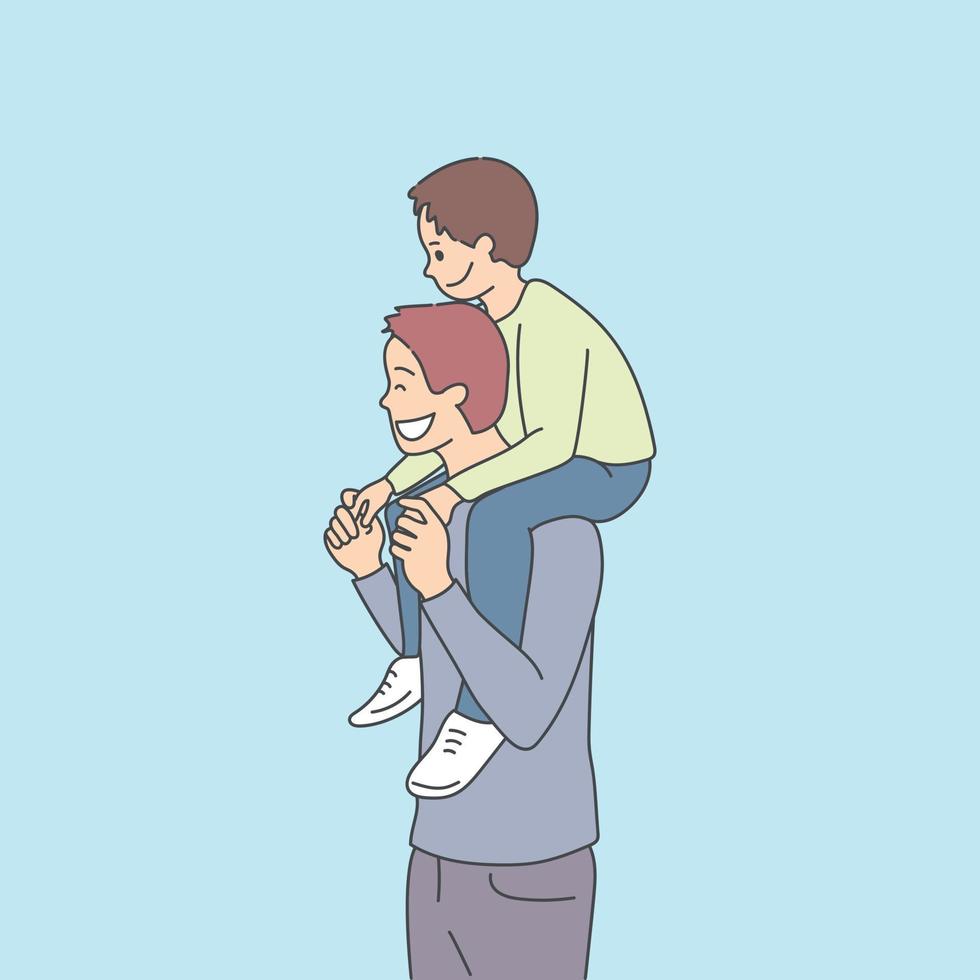 Son is sitting on his fathers shoulders. Dad and son together. Fathers Day theme. Vector art