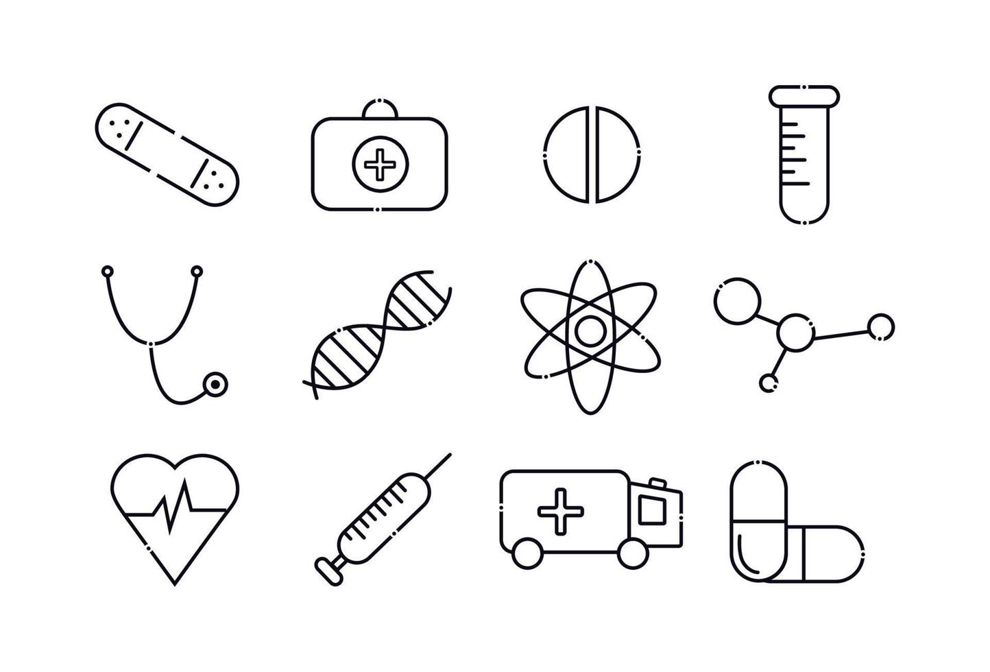 Medicine icons set. Elements in the set tablet, dna, syringe, capsule, heart, medical suitcase, stethoscope, ambulance, ambulance, test tube. vector