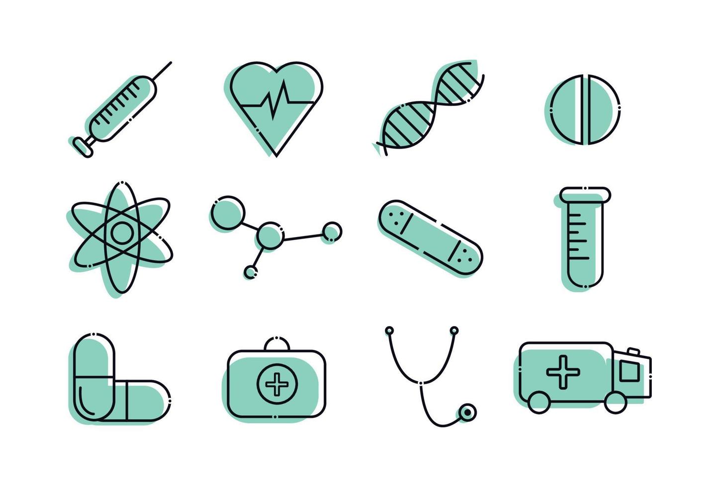 Medicine icons set. Elements in the set tablet, dna, syringe, capsule, heart, medical suitcase, stethoscope, ambulance, ambulance, test tube. vector