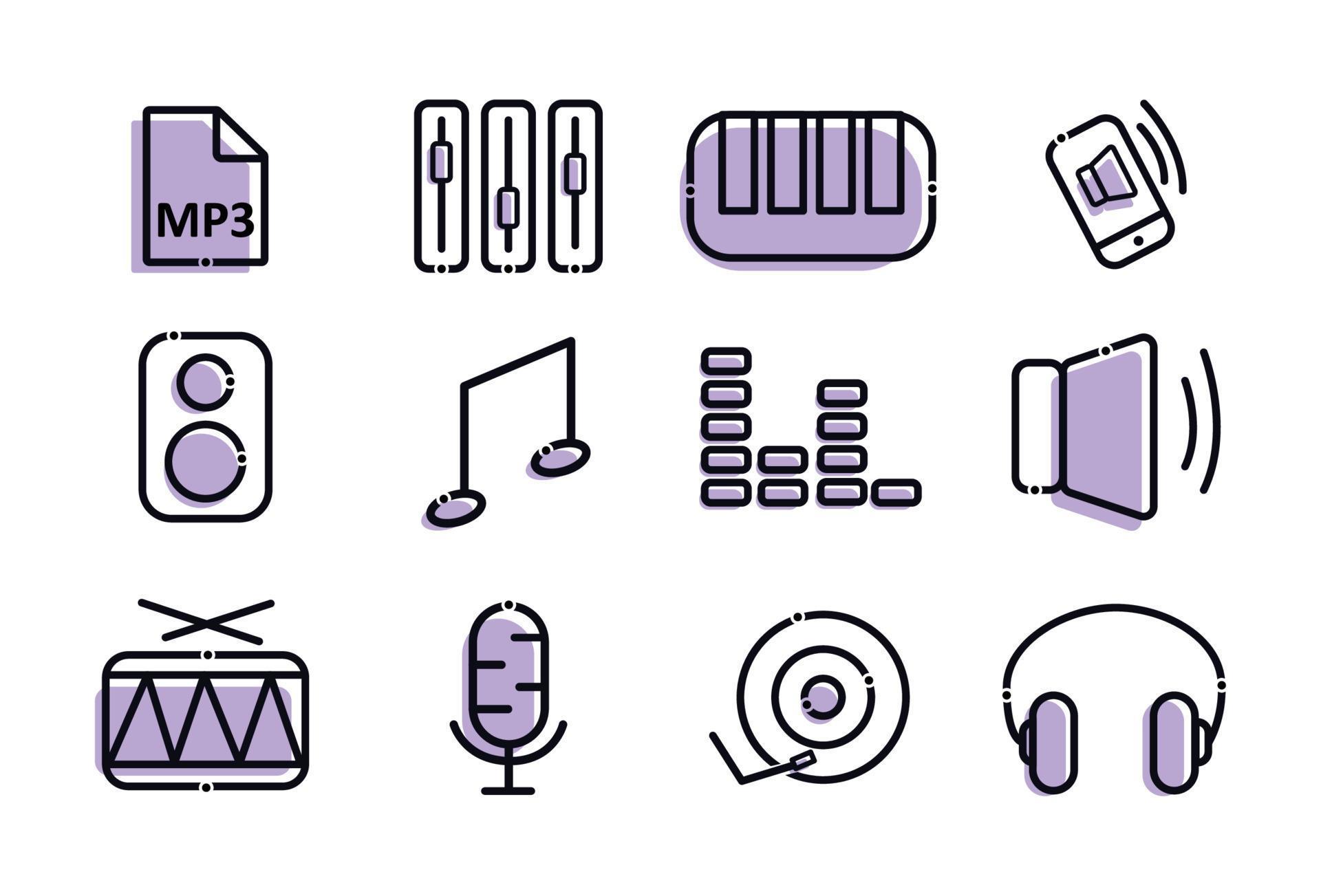 A set of music icons. Elements in the set volume, mp3 format, speaker