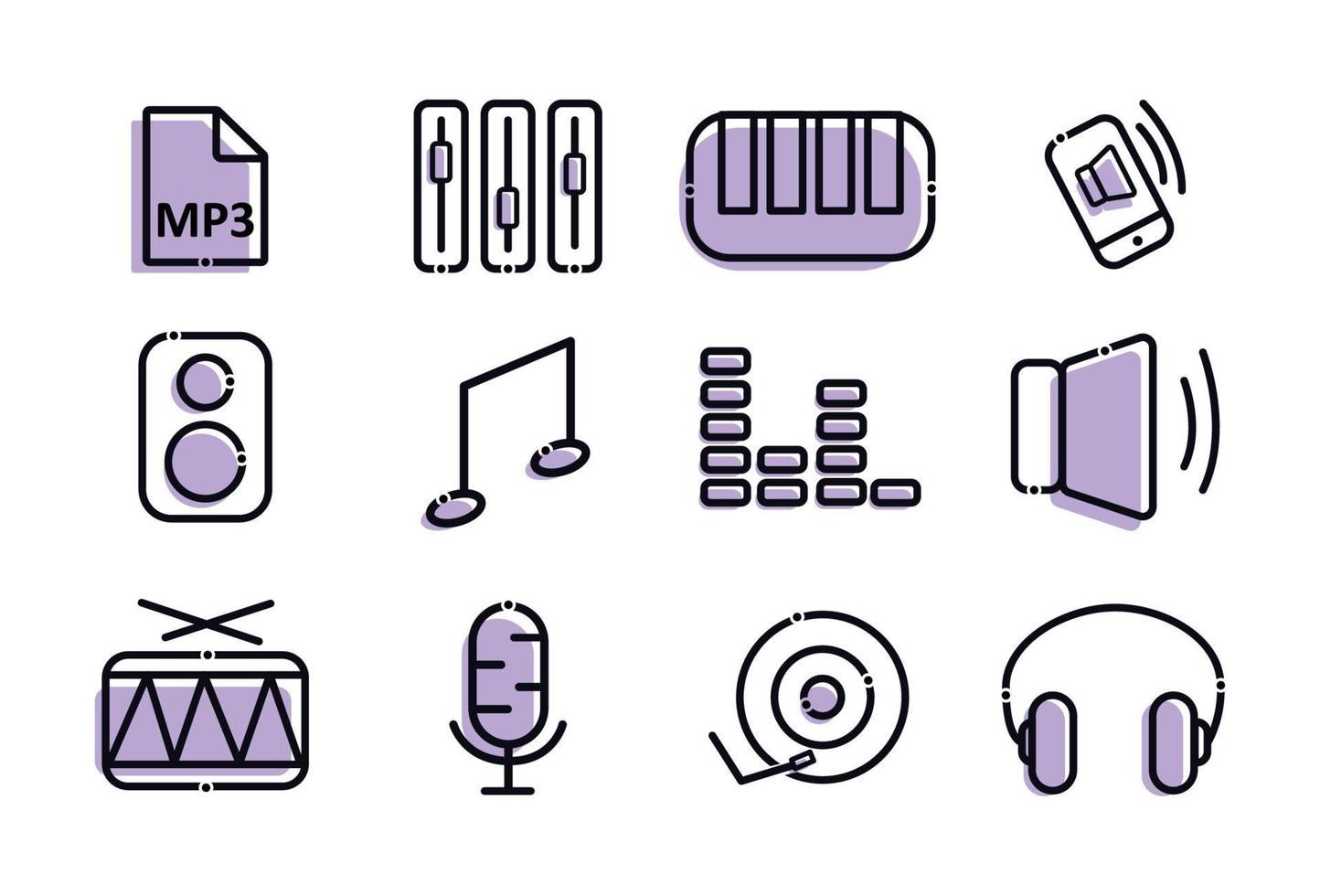 A set of music icons. Elements in the set volume, mp3 format, speaker, sound, note, synthesizer, call on the phone, player, microphone, headphones, drum vector