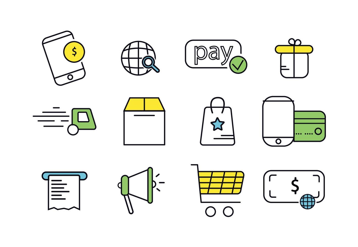 Online shop icon set. Elements in the set credit card, box, contactless payment, package, car, online payment, delivery, check, gift. vector