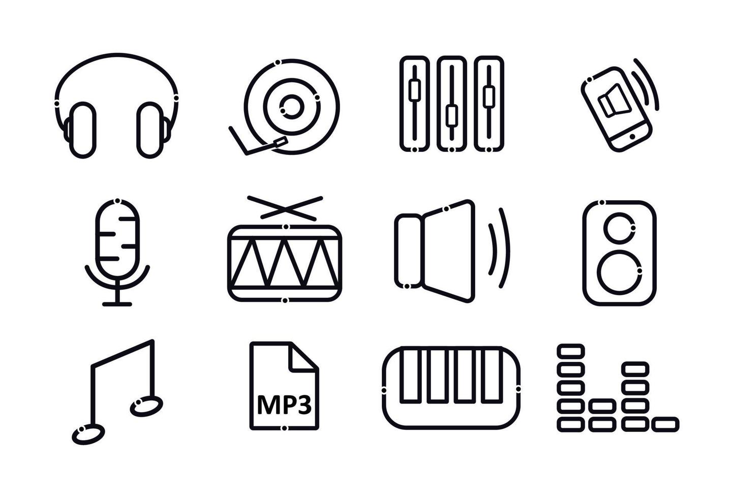 A set of music icons. Elements in the set volume, mp3 format, speaker, sound, note, synthesizer, call on the phone, player, microphone, headphones, drum vector