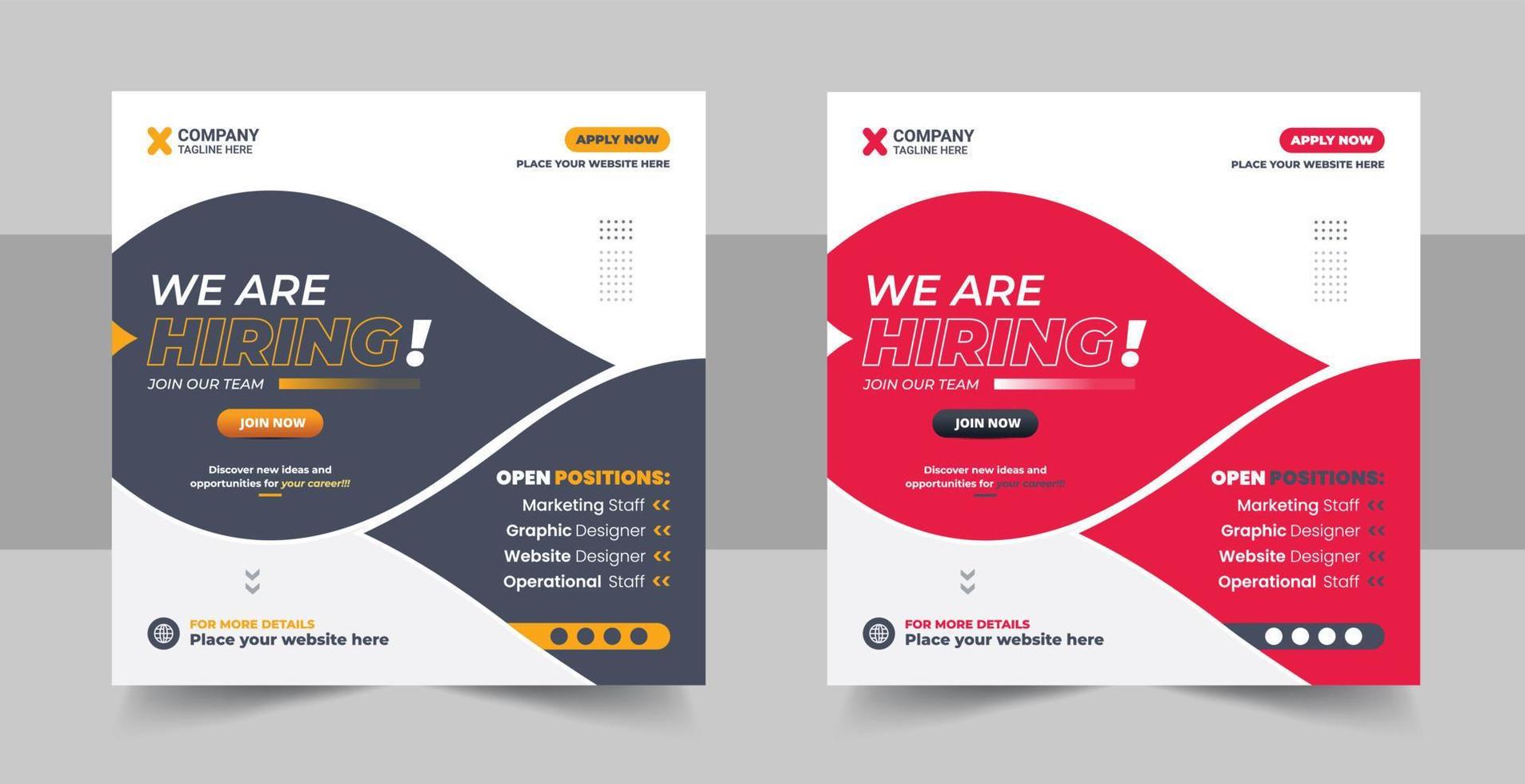 We are hiring job vacancy social media post banner design template with red color. We are hiring job vacancy square web banner design vector