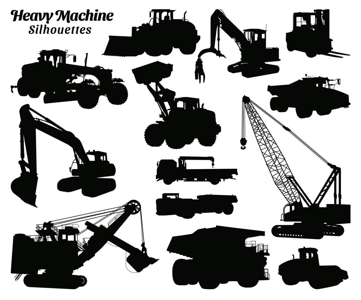 Set of heavy machinery silhouette vector illustrations.