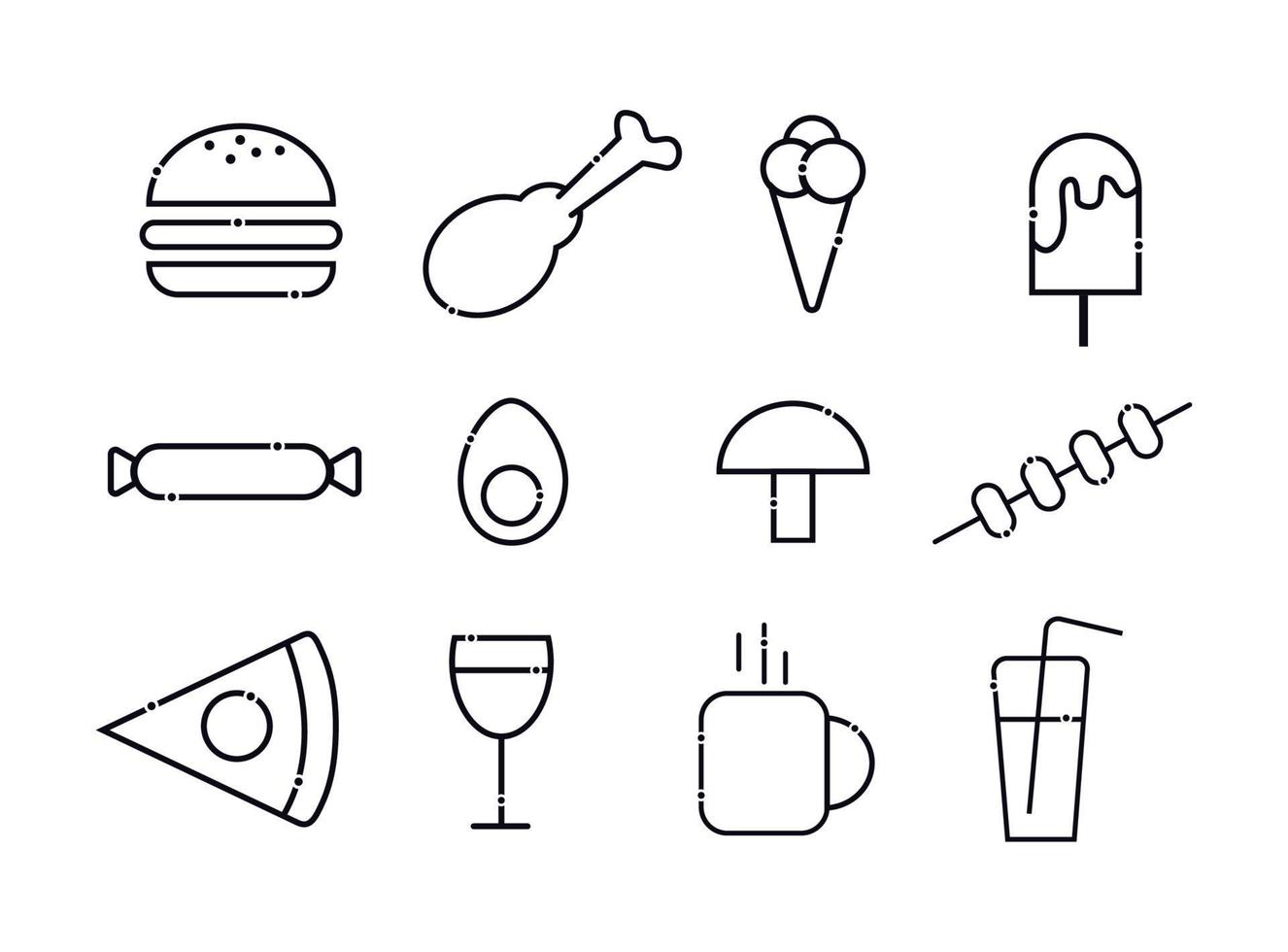 A set of food icons. Includes ice cream, tea, coffee, burger, candy, ice cream, glass of wine, chicken leg, kebab, pizza, juice, egg, mushroom vector