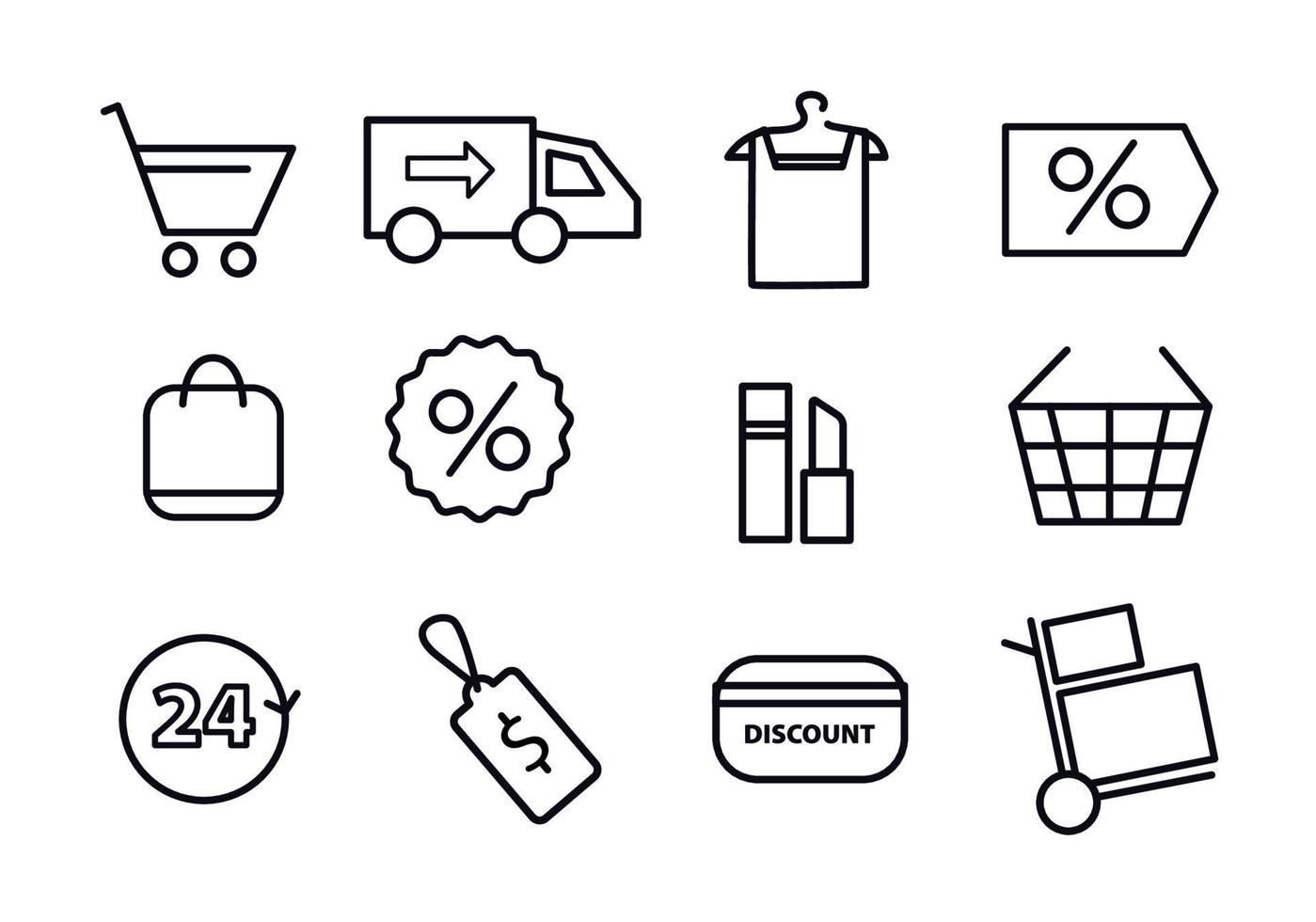 Online shop icon set. In the set elements basket, discount, clothes, lipstick, cosmetics, trolley, tag, around the clock, delivery, package vector
