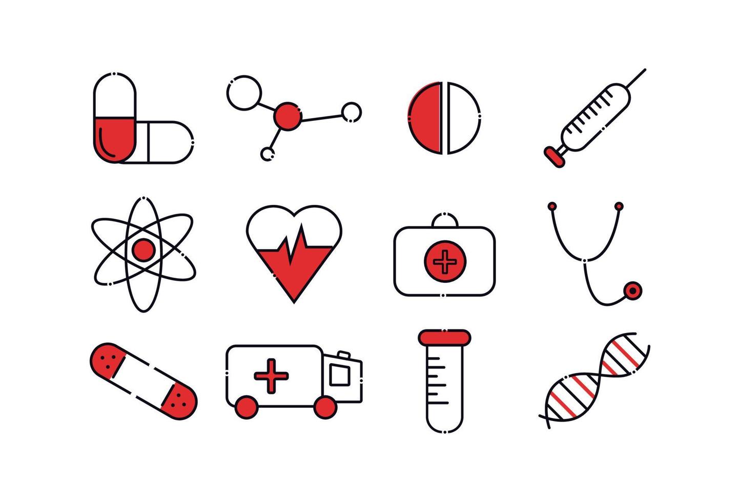 medicina íconos colocar. elementos en el conjunto tableta, adn, jeringuilla, cápsula, corazón, médico maleta, estetoscopio, ambulancia, ambulancia, prueba tubo. vector