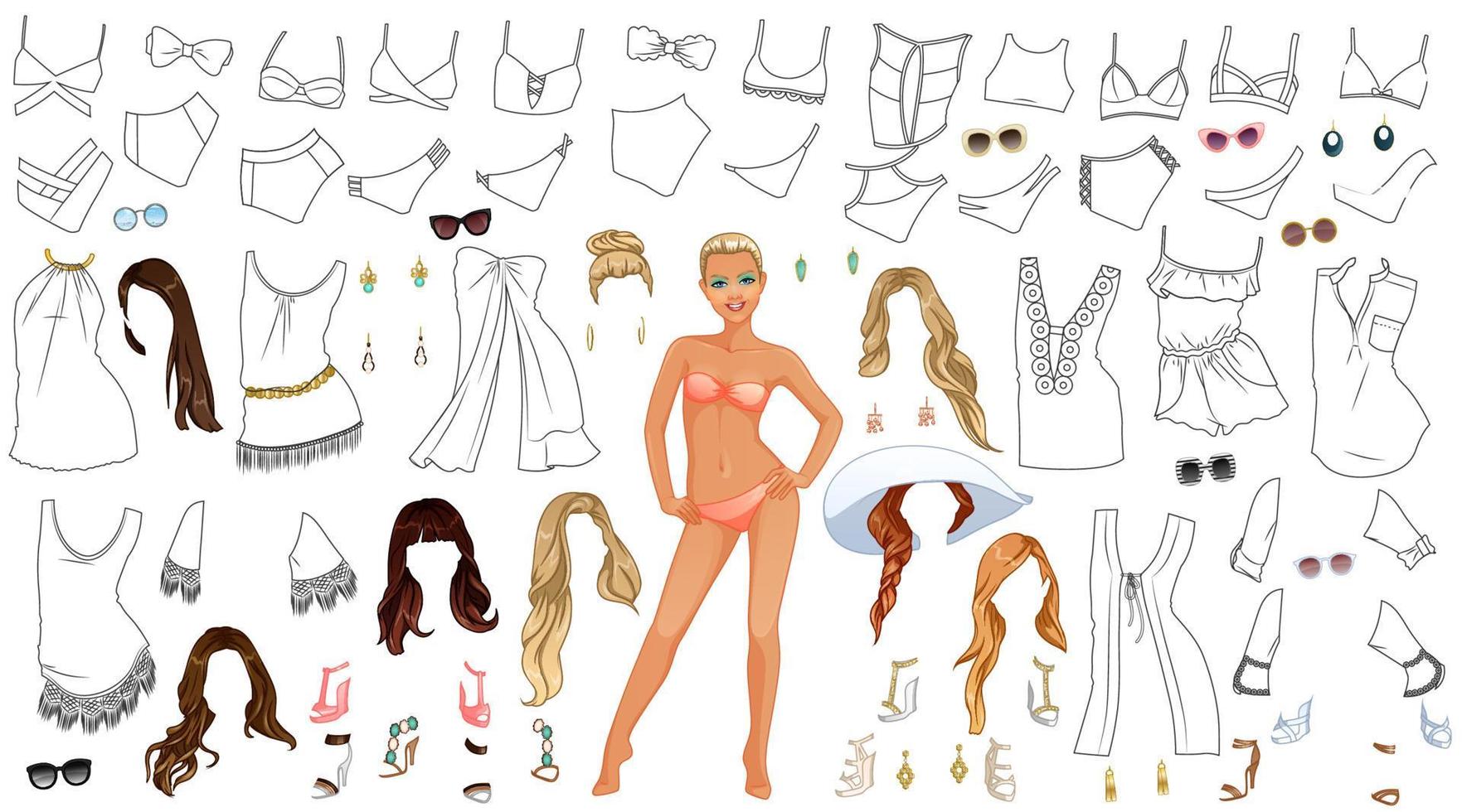 Summer Pool Chic Coloring Page Paper Doll with Cute Cartoon Character, Outfits, Hairstyles and Accessories. Vector Illustration