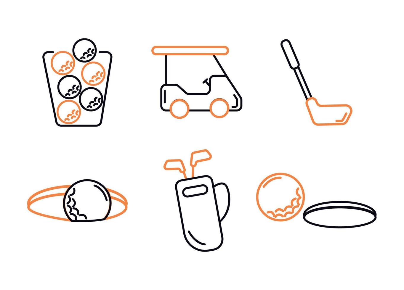 Golf icons set. Golf car. Basket with balls. The ball in the hole. Golf ball near the hole. vector