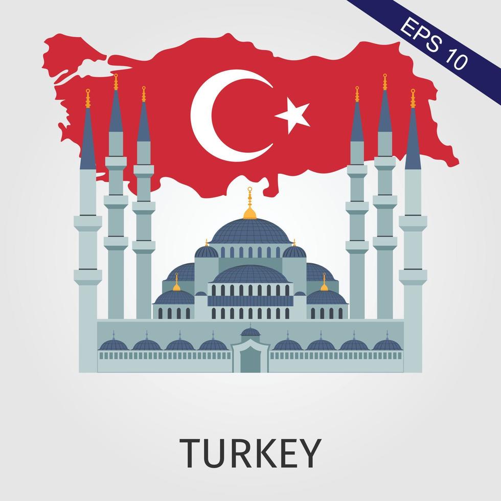 concept illustration of turkish map and flag with famous landmarks vector