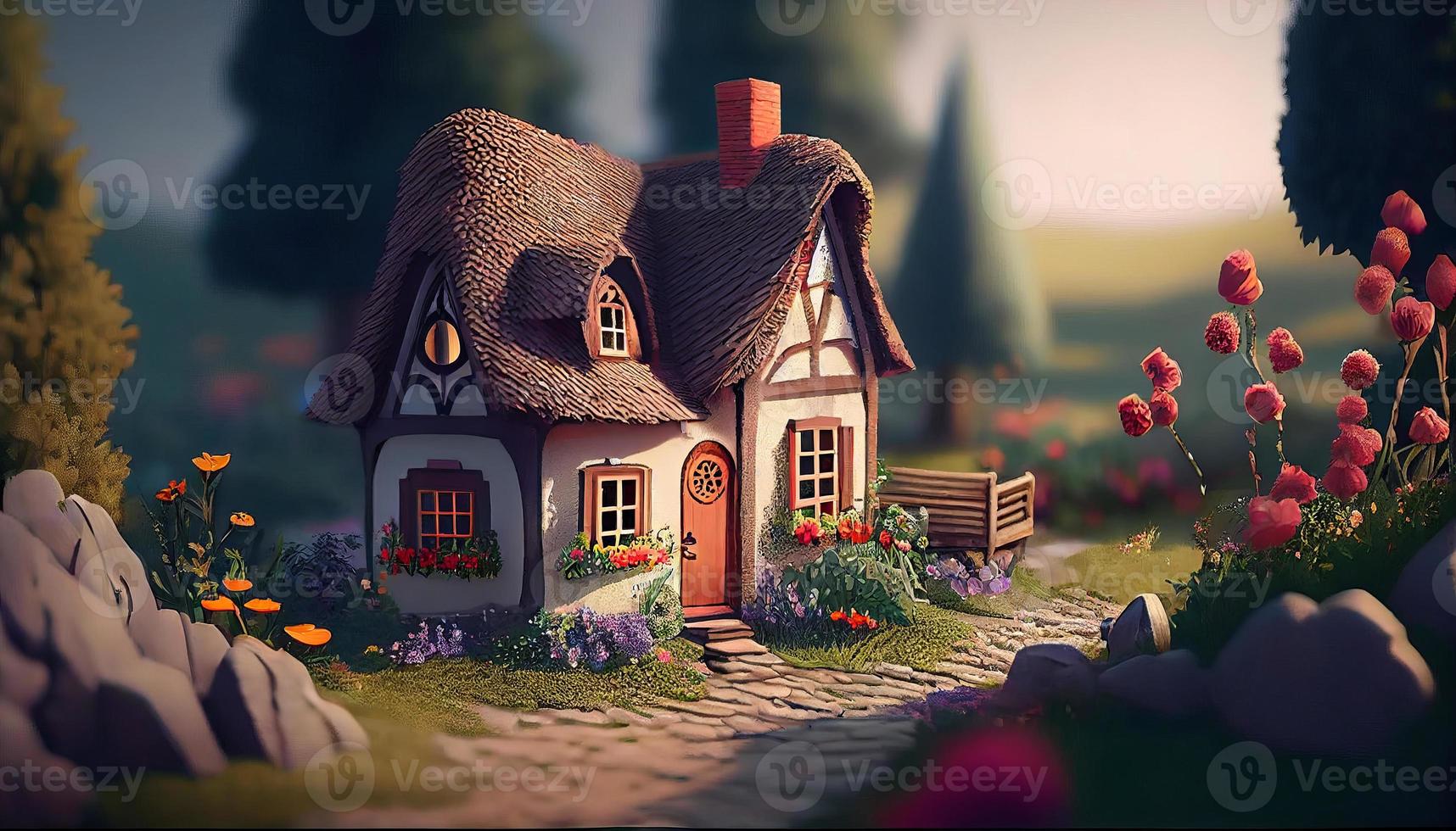 Small Cute Cozy Comfort House Village Country House Building and Grass Garden Landscape Scene View Illustration photo