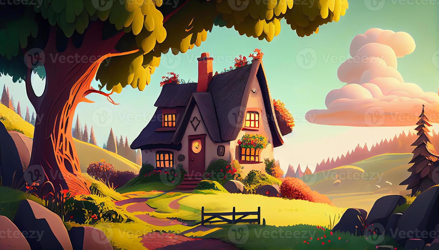 Small Cute Cozy Comfort House Village Country House Building and Grass Garden Landscape Scene View Illustration photo