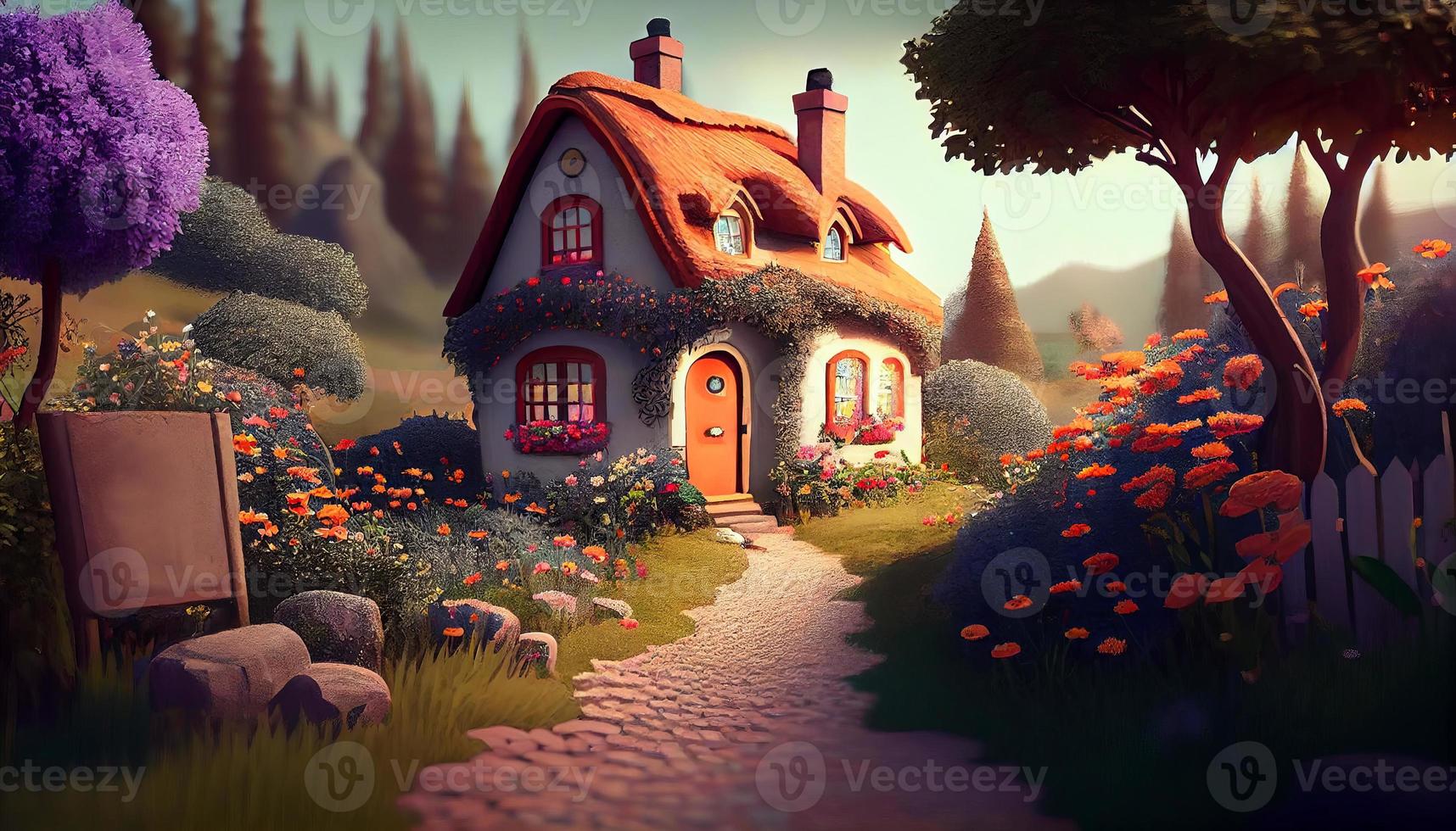 pequeño linda acogedor comodidad casa pueblo país casa edificio y césped jardín paisaje escena ver ilustración foto