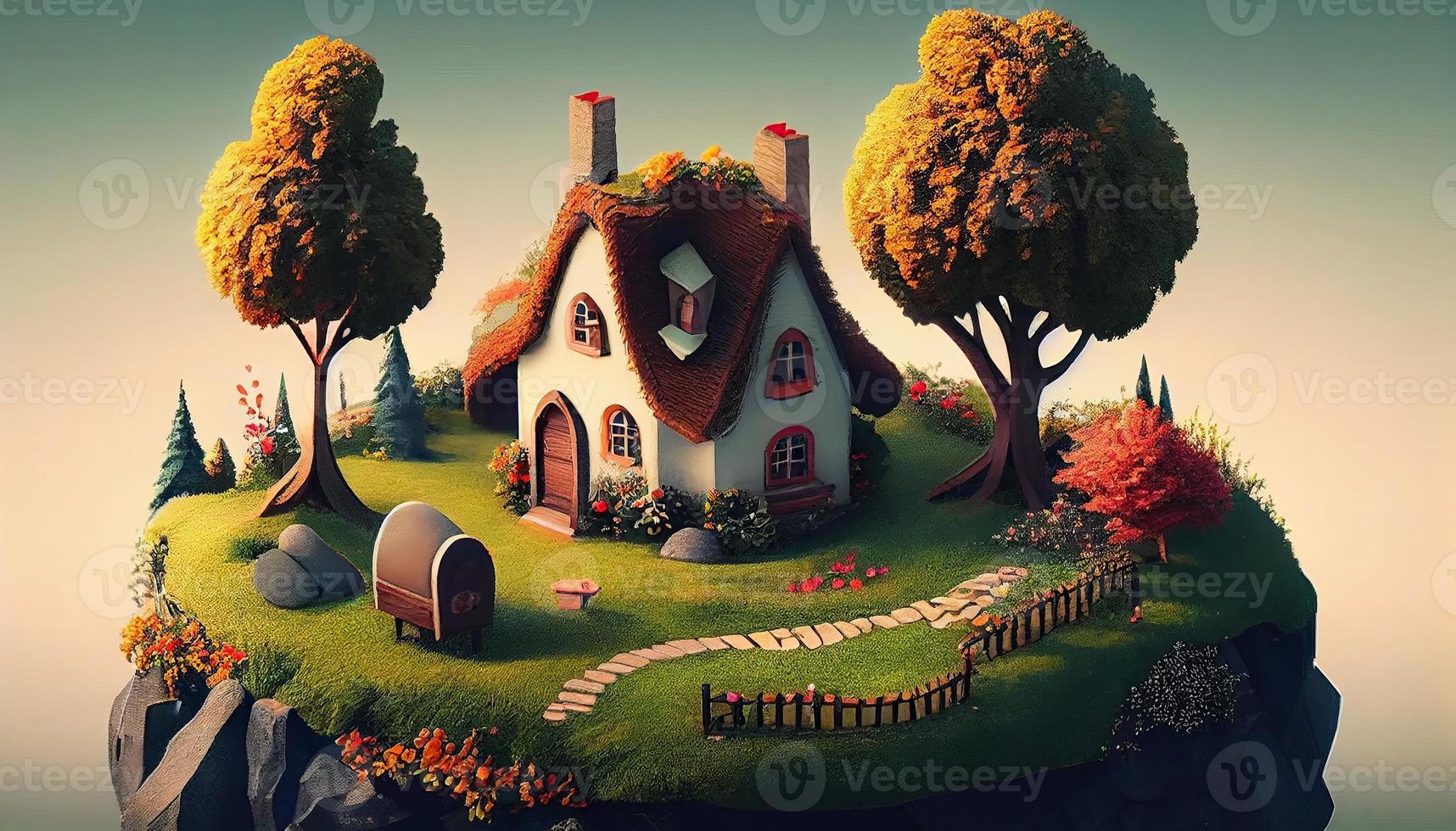 Small Cute Cozy Comfort House Village Country House Building and Grass Garden Landscape Scene View Illustration photo