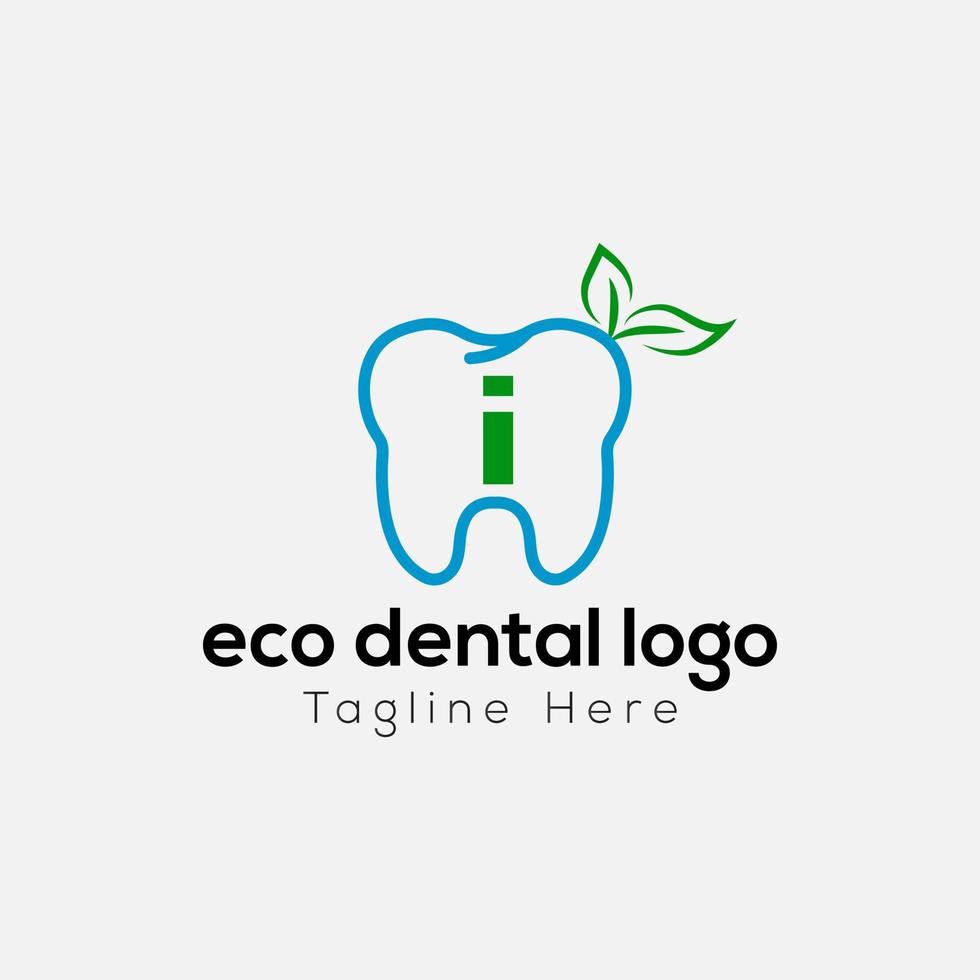 Eco Dental Logo On Letter I Template. Eco Dental On I Letter, Initial Eco Dental, Teeth Sign Concept vector