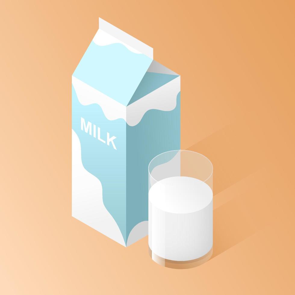 Isometric milk carton box and glass of milk. Vector illustration
