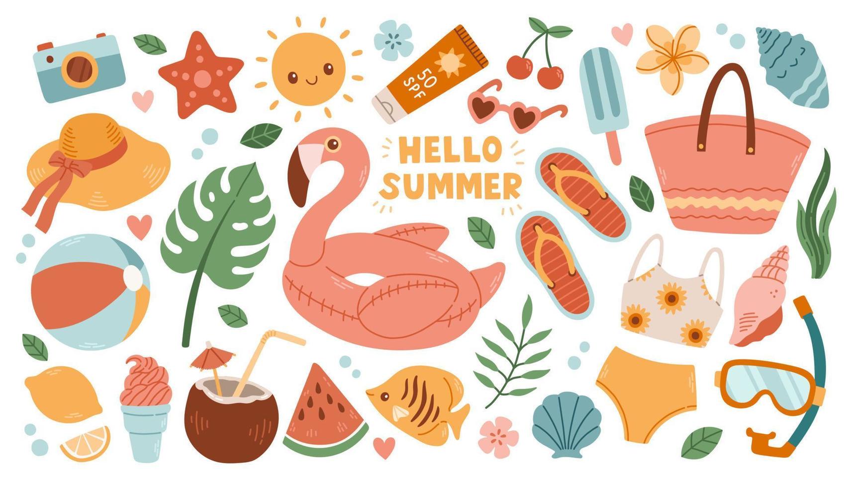 Set of cute summer icons ice cream, coconut, fruits, flamingo. Collection of scrapbooking elements for beach party. vector