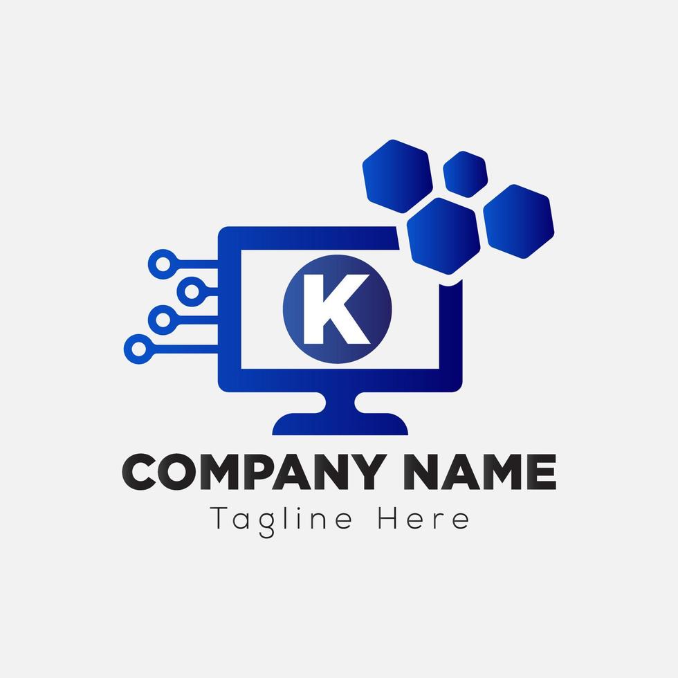 Computer Tech Logo On Letter K Template. Connection On K Letter, Initial Computer Tech Sign Concept vector