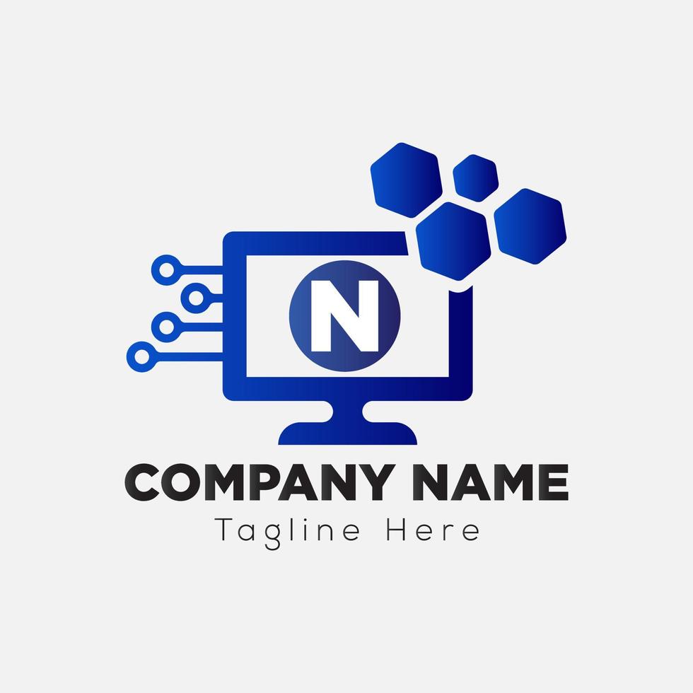 Computer Tech Logo On Letter N Template. Connection On N Letter, Initial Computer Tech Sign Concept vector