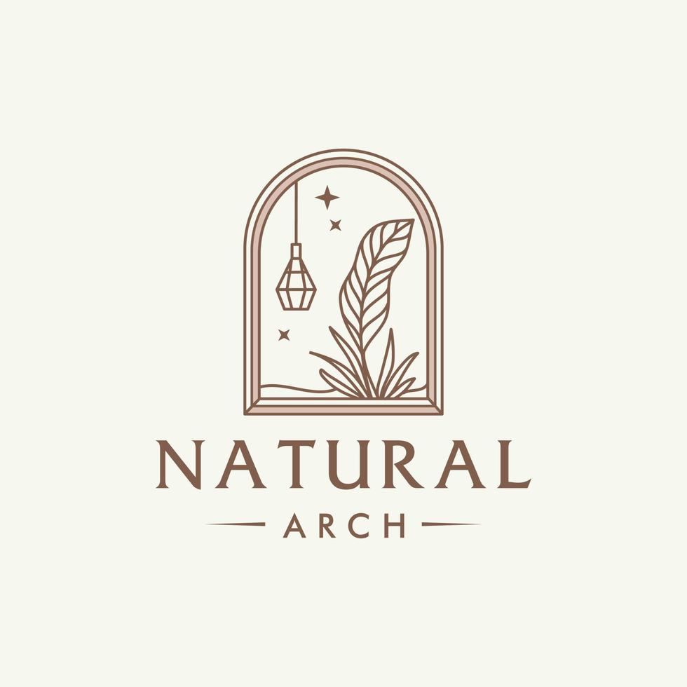 mystic doorway logo, antique arch architecture entrance and window icon, with minimal hanging lamp, window and natural leaves in contemporary aesthetic boho style vector