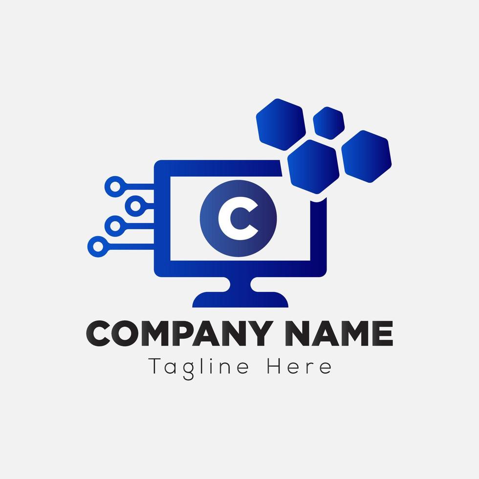 Computer Tech Logo On Letter C Template. Connection On C Letter, Initial Computer Tech Sign Concept vector