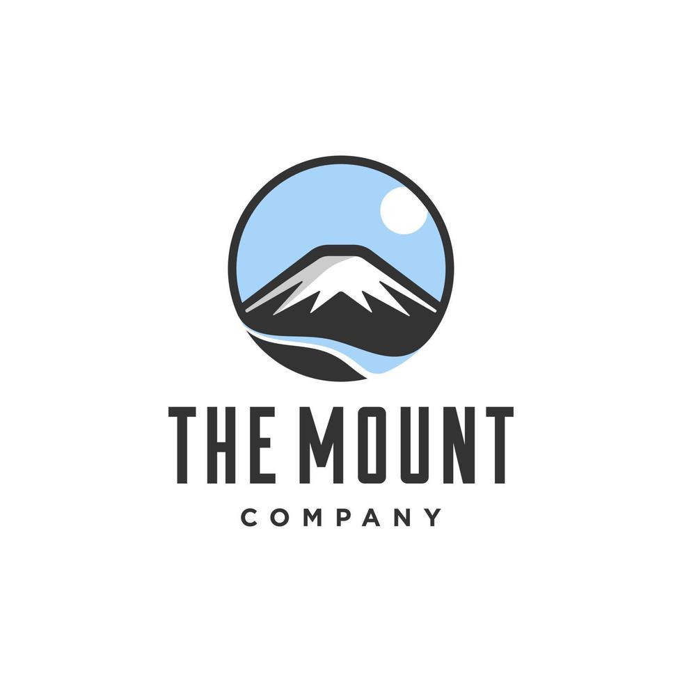 mountain logo. mountain landscape with river, sky and sun Illustration badge logo design. natural scenery of winter mountain in circle border frame badge. vector