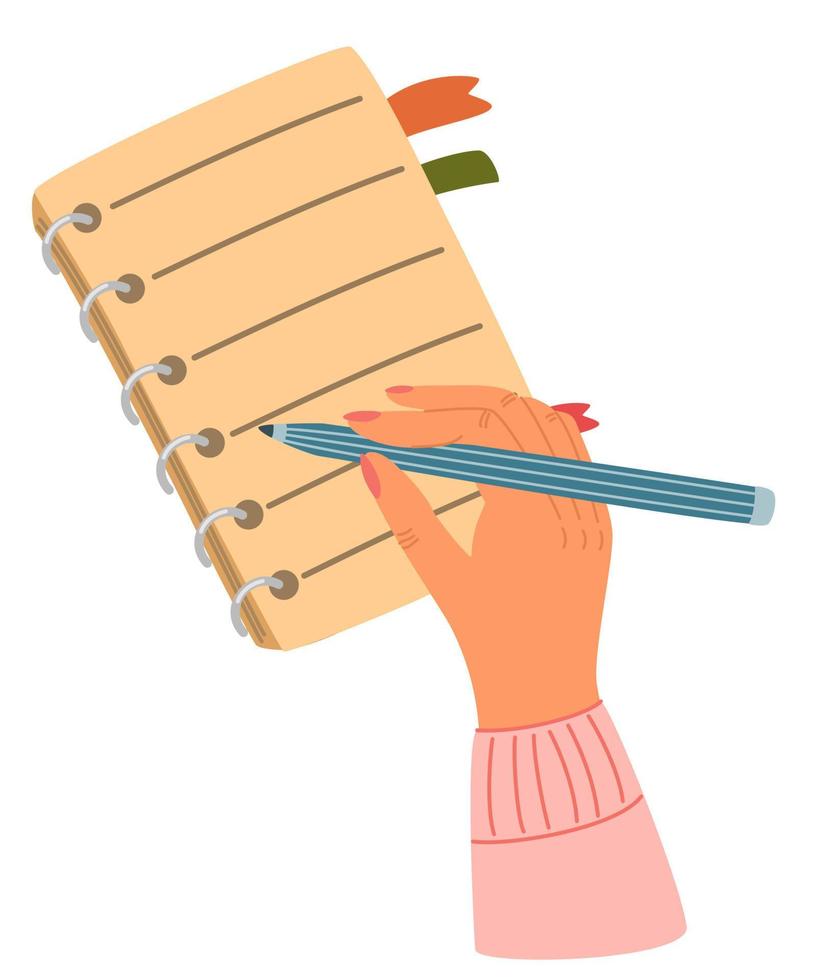Woman Hand Holding Pen And Making Notes or To-do List On Paper Notebook or Diary. ..Top View Image. Process Of Writing, Educational, Office Or Creative Concept. Cartoon Vector Illustration