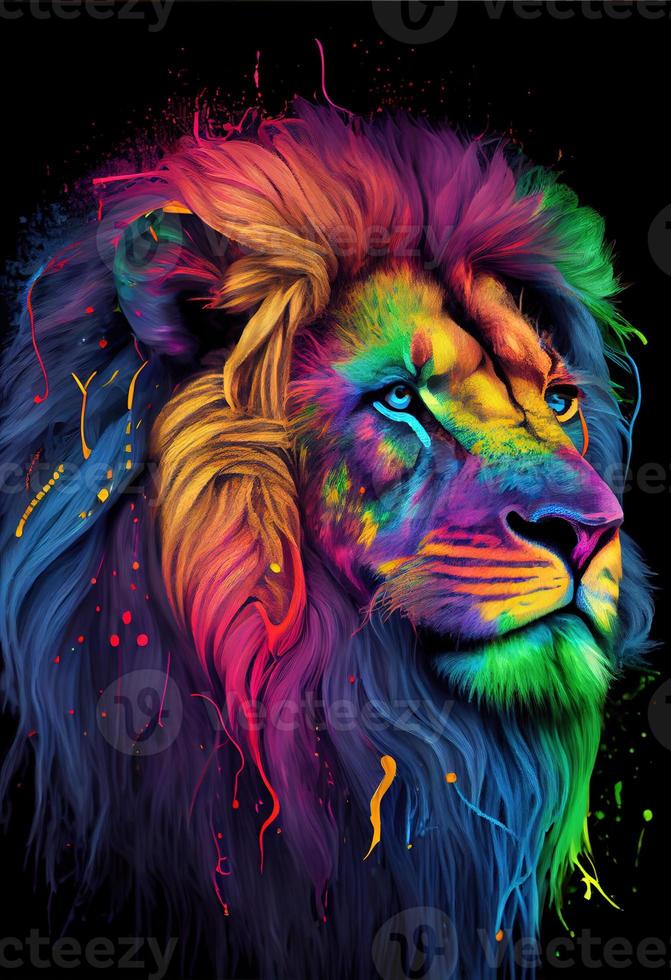 Rainbow Lion head print. ai render. photo