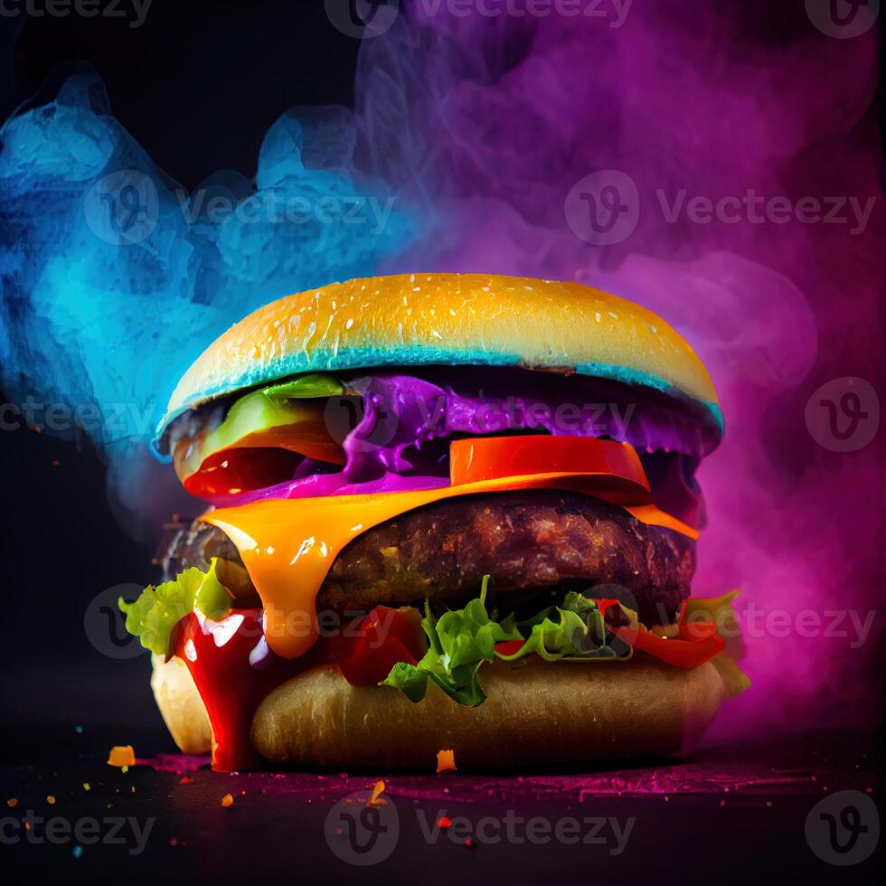 Hot beef burger in colorful smoke. . photo